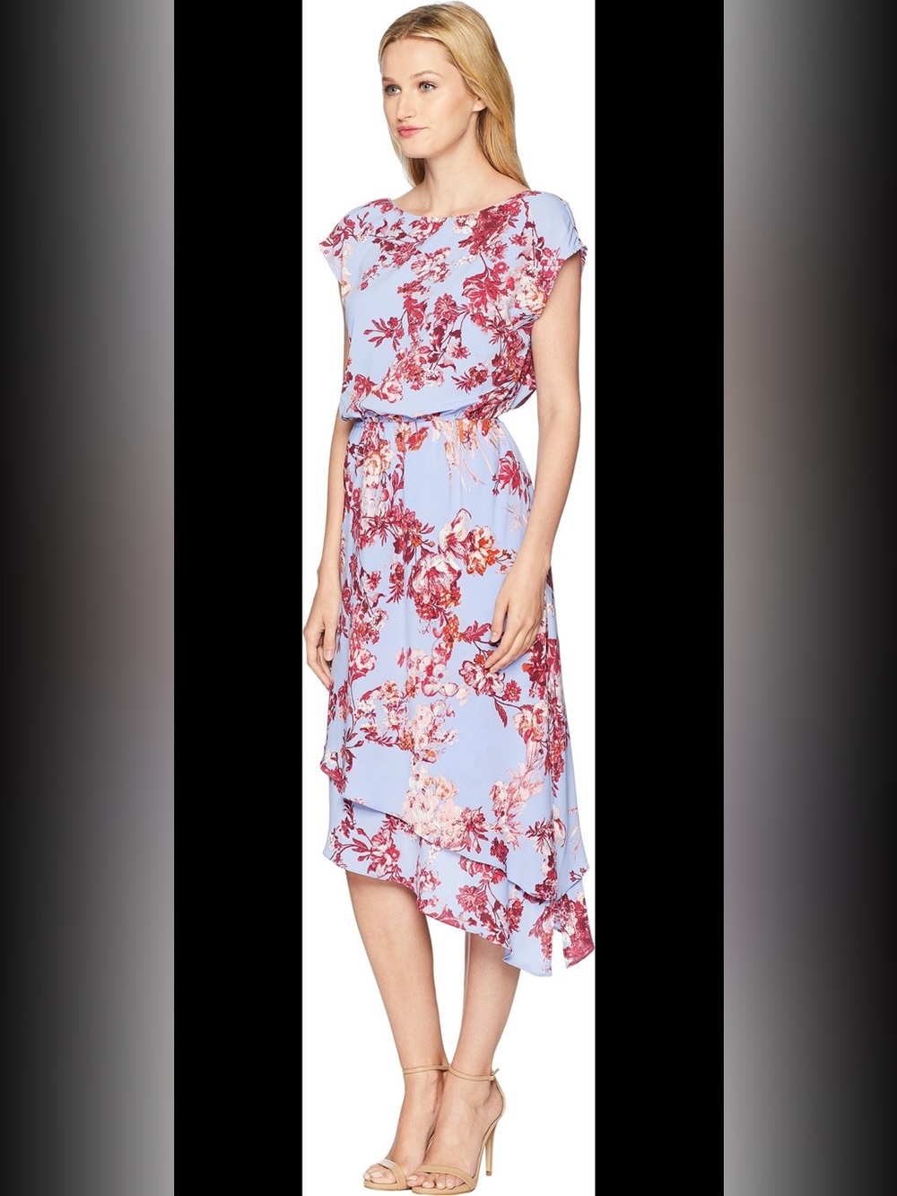 Adrianna Papell Light Blue Dress with Red Floral Print